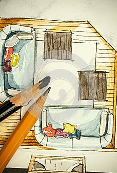 Watercolor and black ink freehand sketch painting of apartment flat floor plan dining room with a sharp pencils