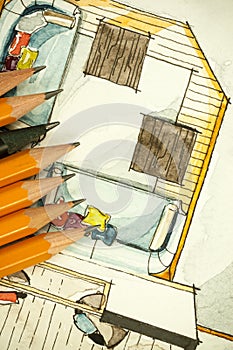 Watercolor and black ink freehand sketch painting of apartment flat floor plan living room with a lot of sharp pencils