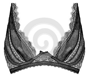 Watercolor black lace bra on white background, isolated watercolor illustration