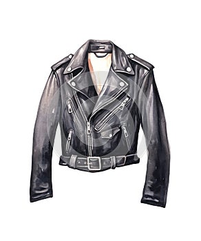 Watercolor black leather biker jacket isolated on white background.