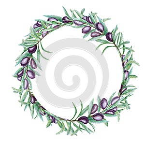 Watercolor black olive tree branch leaves wreath, Realistic olives illustration on white background, Hand painted Frame