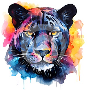 Watercolor black panther mascot portrait colorful painting. Realistic wild animal illustration on white background