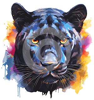 Watercolor black panther mascot portrait colorful painting. Realistic wild animal illustration on white background