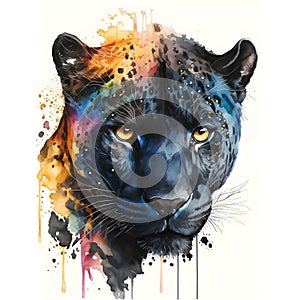 Watercolor black panther portrait, colorful painting. Realistic wild animal illustration. Created with Generative AI technology