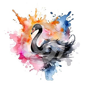 Watercolor black swan. Illustration AI Generative