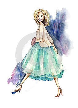 Watercolor blond girl in a satin skirt, walking