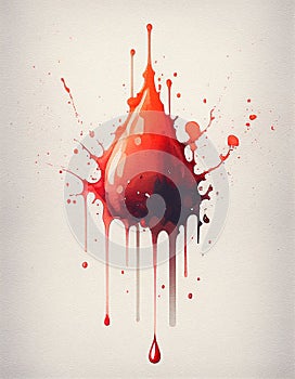 Watercolor bloodstain in shape of drop with blood splash. Concept of Blood Donor Day, Blood Cancer Day. Generative AI