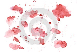 Watercolor bloody red splashes texture background. Hand drawn blood blots drawing.