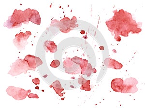 Watercolor bloody red splashes texture background. Hand drawn blood blots drawing vector art.