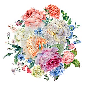 Watercolor blooming peonies, rose and wildflowers photo