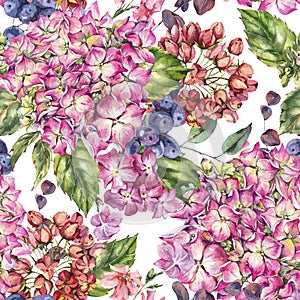 Watercolor blooming pink hydrangea seamless pattern, leaves, buds, blue berries. Natural botanical floral texture