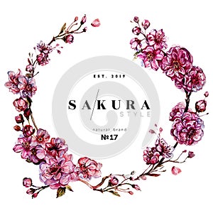 Watercolor Blooming Pink Sakura Wreath