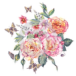 Watercolor blooming roses and wildflowers