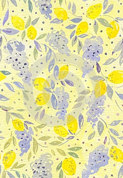 Watercolor blooming wisteria flowers with lemons on yellow seamless pattern