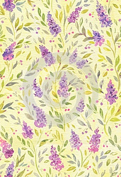 Watercolor blooming wisteria flowers on yellow seamless pattern