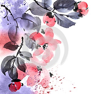 Watercolor blossom tree with leaves and watersplashes