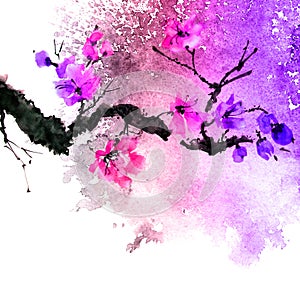 Watercolor blossom tree with purple flowers