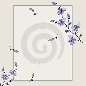 Watercolor blossoming spring branch with violet flowers in turquoise frame on a light beige background. Floral decoration. Birthda