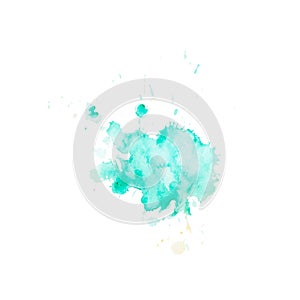 Watercolor blot of aqua with splashes and stains. Drawn by hand