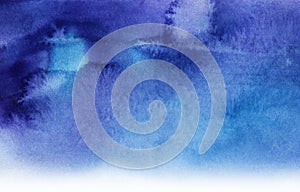 Watercolor blue abstract background with blurred spots from water drops. White flashes of setting sun on twilight sky of