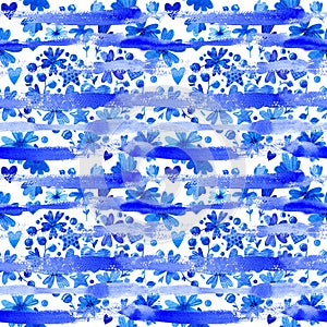Watercolor Blue abstract lines, flowers and leaves pattern
