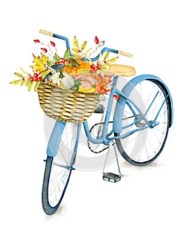 Watercolor Blue Bicycle with Autumn Basket