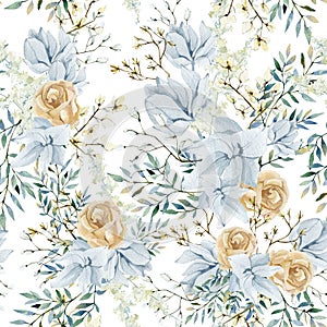 Watercolor blue boho floral seamless pattern with flower bouquet. Golden Rose, greenery branch, pampas grass