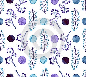 Watercolor Blue Branches, Verries And Spots Repeat Pattern