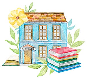 Watercolor blue cartoon library building in flowers with pile of books