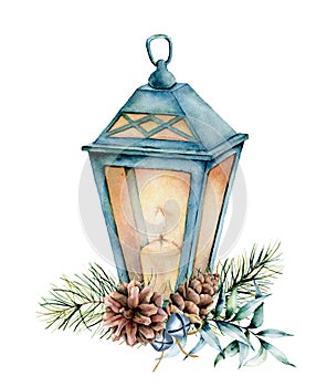 Watercolor blue Christmas lantern with decor. Hand painted lamp, candle, eucalyptus leaves and branch, silver bells, fir