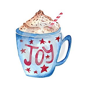 Watercolor blue cup with hot coffee and chocolate with phrase `joy`