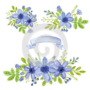 Watercolor blue daisy bouquet.Floral decor set