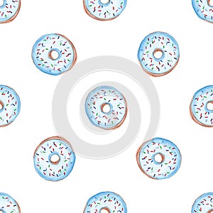watercolor blue donuts seamless pattern on white background