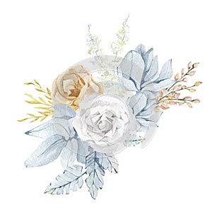 Watercolor blue floral bouquet. White rose, white flowers, pampas grass, branch, foliage