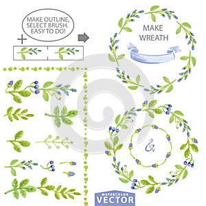 Watercolor blue floral brushes and wreath set template