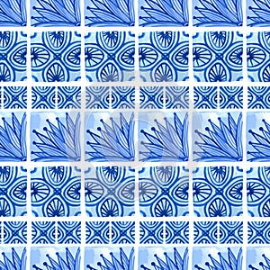 Watercolor blue floral seamless pattern. Vector background in chinese painting style on porcelain or russian, arabic and holland