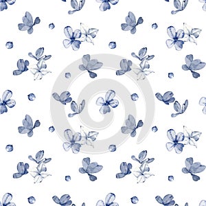 Watercolor blue flowers and berries background. Cute floral seamless pattern. Hand-drawn dark blue simple flowers