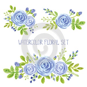Watercolor blue flowers bouquet decor set