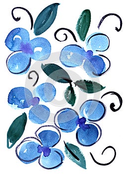Watercolor blue flowers impression painting