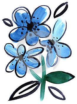 Watercolor blue flowers impression painting