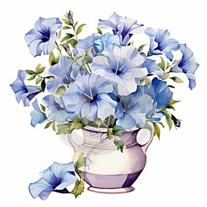 Watercolor Blue Flowers In White Vase - Historical Illustration Style