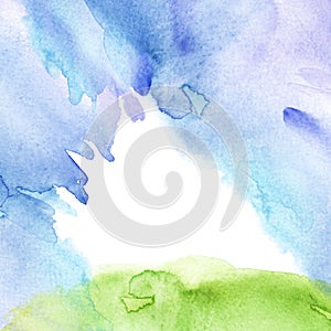 Watercolor blue, green background, blot, blob, splash of blue, green paint. Watercolor blue sky, green grass, hill.  Abstract