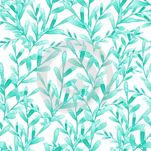Watercolor blue green seaweed on white background