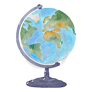 Watercolor blue and green terrestrial globe on black base. One single object, side view. Hand painted.Graphic drawing on