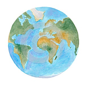 Watercolor blue and green terrestrial globe. One single object, side view. Hand painted. Graphic drawing on white
