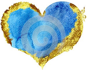 Watercolor blue heart with with gold strokes