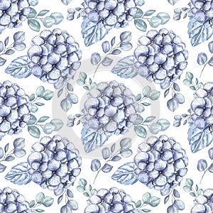 Watercolor blue hydrangea flowers and fern seamless paper. garden florals repeat pattern