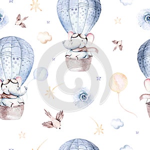 Watercolor blue illustration of a cute animal safary elephant and fancy sky scene complete with airplanes and balloons