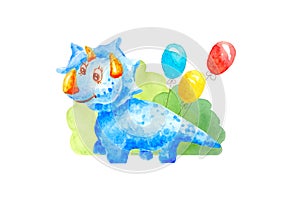 Watercolor blue kind dinosaur Triceraptors congratulates, invites, smiles and is affable on the background of three gel balls