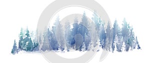 Watercolor Blue landscape of foggy forest hill. Wild nature, frozen, misty, taiga. Horizontal watercolor background